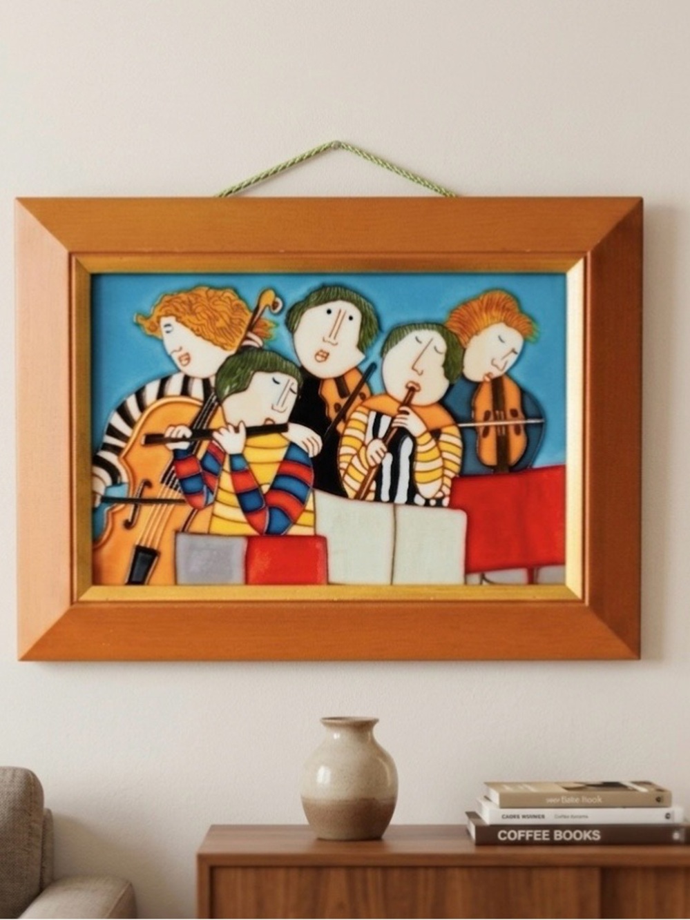 Ceramic tile art-Joyce Roybal-“puffy people” style-children playing instruments